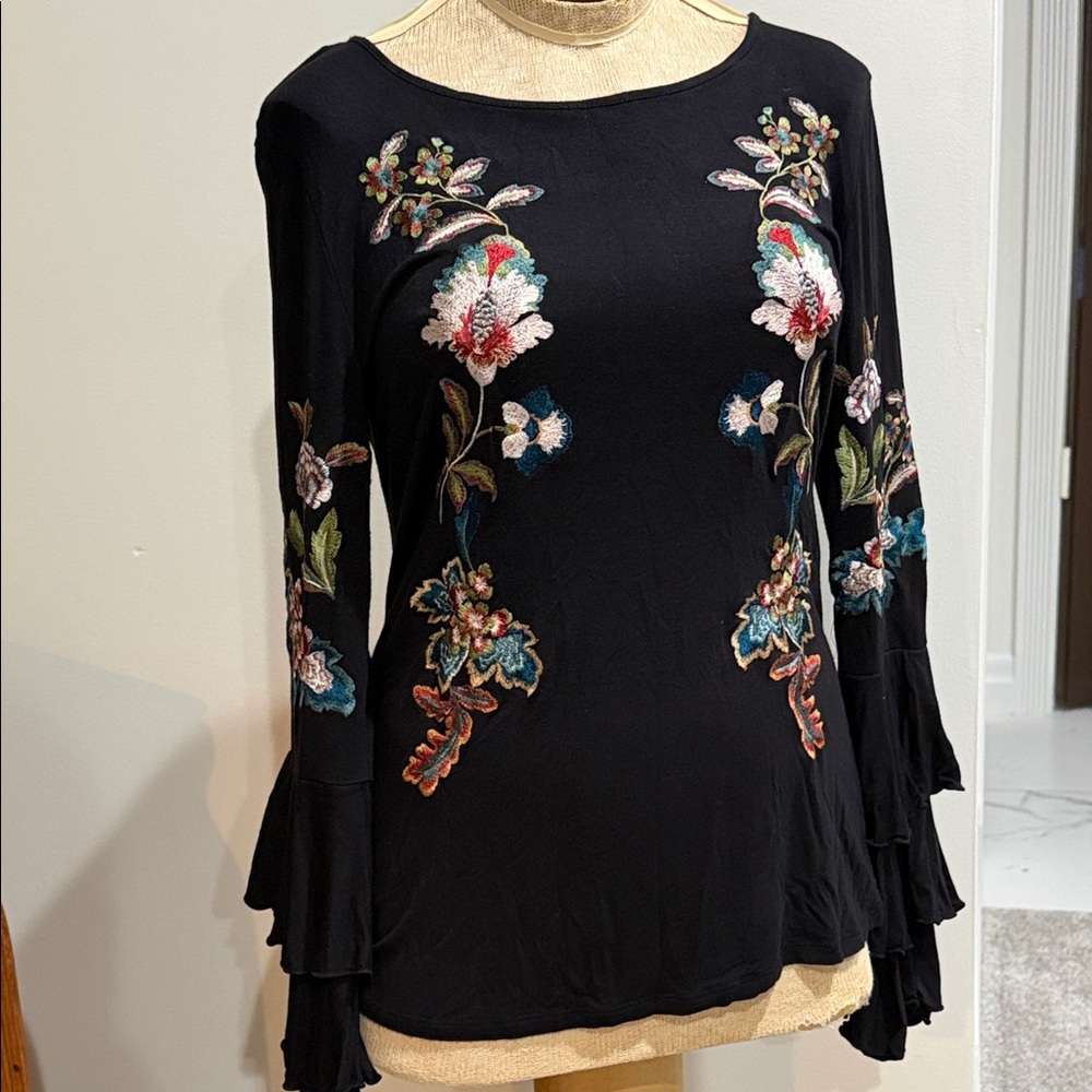 Floral Embroidered Black Long Sleeve Top - petite